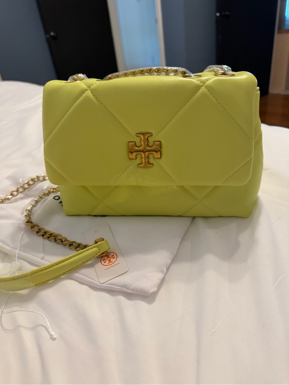 Tory Burch Quilted Shoulder Bag in Lime Green with Gold Hardware